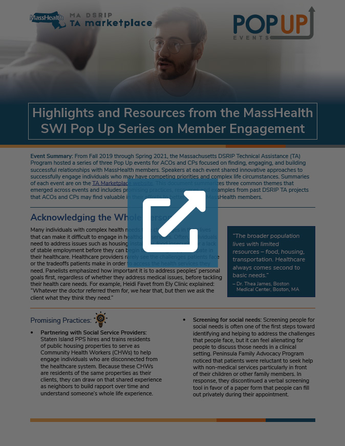 Highlights and Resources from the MassHealth SWI Pop Up Series on Member Engagement